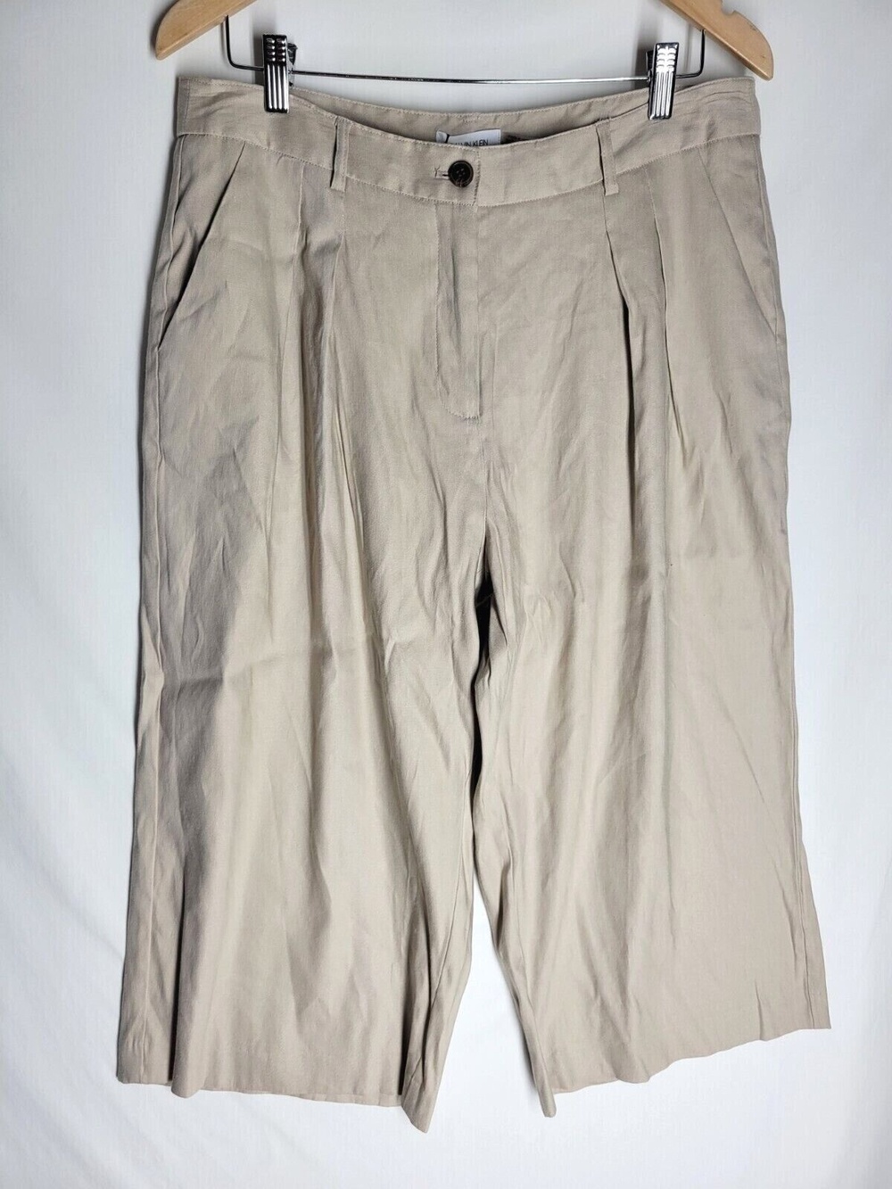 NWT CALVIN KLEIN Womens Beige Linen Blend Wide Leg Pants Lined Size 12